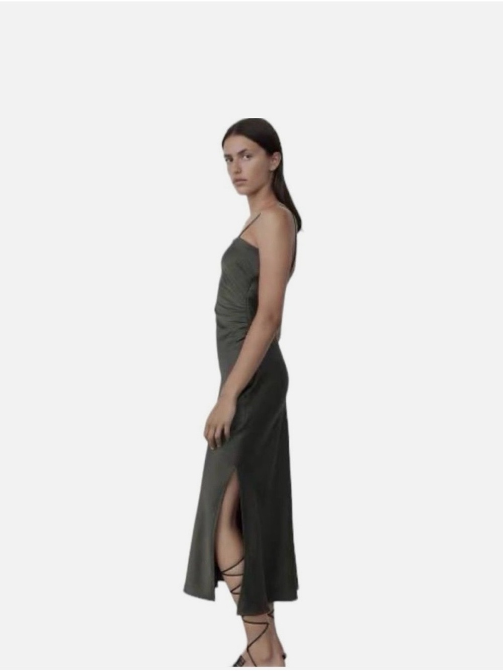 Zara Satin Midi Slip Dress Ruched Side Spaghetti Straps Emerald Green Size XS - Picture 2 of 14
